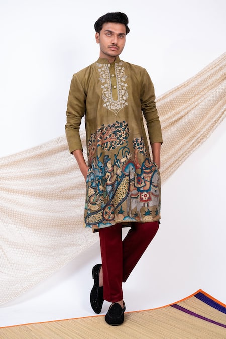 Shop_Aamra By Lavanya_Green Linen Satin Print Kalamkari Dev Sena Kurta With Pant 
