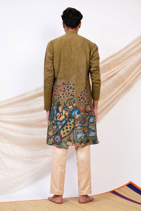 Shop Aamra By Lavanya Green Linen Satin Print Kalamkari Dev Sena Theme Kurta With Pant at Aza Fashions Shop_Aamra By Lavanya_Green Linen Satin Print Kalamkari Dev Sena Theme Kurta With Pant _at_Aza_Fashions