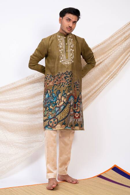 Buy Aamra By Lavanya Green Linen Satin Print Kalamkari Dev Sena Theme Kurta With Pant Online at Aza Fashions Buy_Aamra By Lavanya_Green Linen Satin Print Kalamkari Dev Sena Theme Kurta With Pant _Online_at_Aza_Fashions