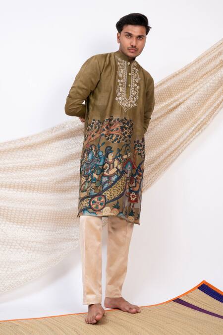 Shop Aamra By Lavanya Green Linen Satin Print Kalamkari Dev Sena Theme Kurta With Pant Online at Aza Fashions Shop_Aamra By Lavanya_Green Linen Satin Print Kalamkari Dev Sena Theme Kurta With Pant _Online_at_Aza_Fashions