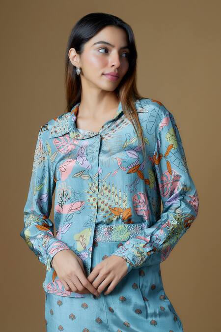 Buy_Zal From Benaras_Blue Viscose Sequins, Cut Work Collared Abstract Floral Print Shirt With Pant_Online_at_Aza_Fashions