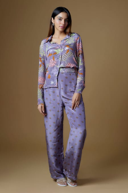 Zal From Benaras Purple Viscose Sequins, Cut Work Collared Abstract Flora Print Shirt With Pant 