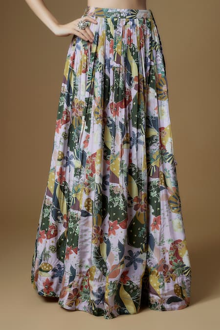 Zal From Benaras_Purple Viscose Beads Plunge Neck Abstract Floral Print Lehenga Set_Online_at_Aza_Fashions