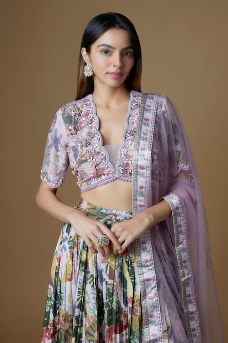 Buy_Zal From Benaras_Purple Viscose Beads Plunge Neck Abstract Floral Print Lehenga Set_Online_at_Aza_Fashions