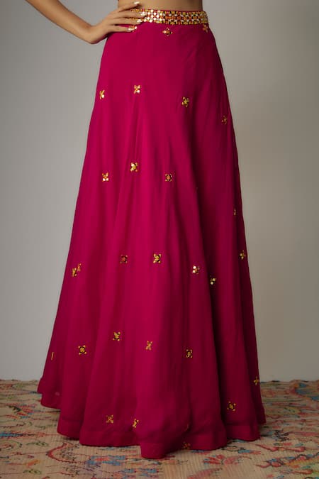 Buy_Zal From Benaras_Pink Georgette Beads, Mirrors V-neck Work Lehenga Set_Online_at_Aza_Fashions