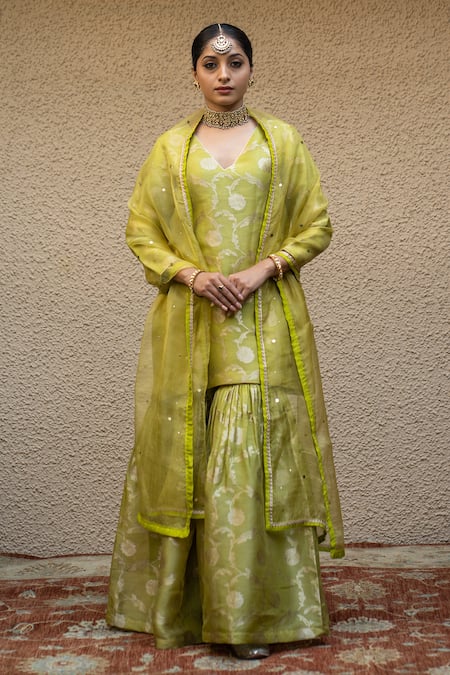 Sobariko Gul Jaal Banarasi Kora Silk Kurta Sharara Set 