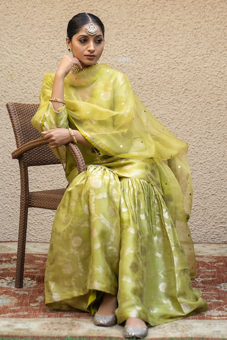 SOBARIKO_Green Silk Mirrors V-neck Gul Jaal Banarasi Kora Kurta Sharara Set _Online_at_Aza_Fashions