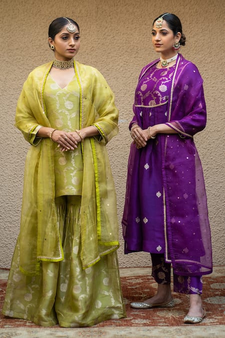 Shop_SOBARIKO_Green Silk Mirrors V-neck Gul Jaal Banarasi Kora Kurta Sharara Set _Online_at_Aza_Fashions