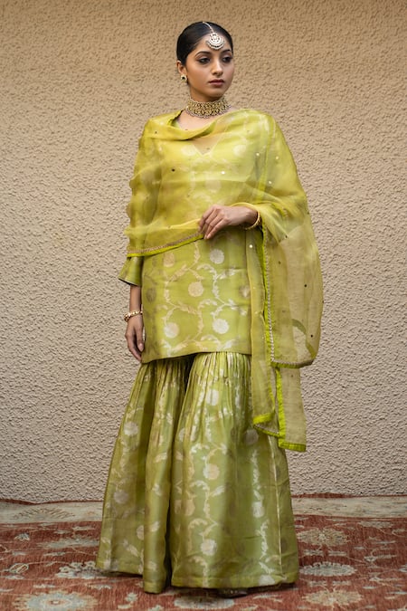 SOBARIKO_Green Silk Mirrors V-neck Gul Jaal Banarasi Kora Kurta Sharara Set _at_Aza_Fashions