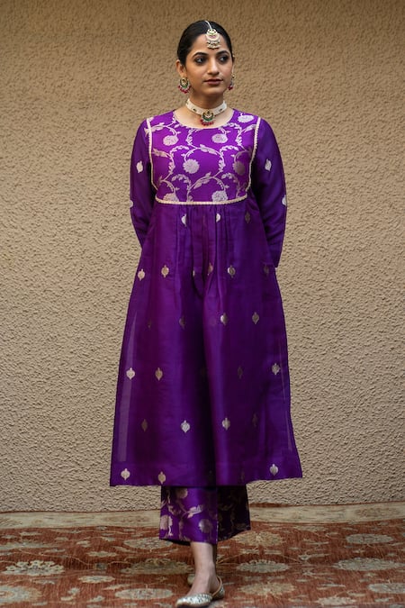 Shop_Sobariko_Purple Silk Embroidery, Mirrors Round Neck Gullista Yoke Woven Kurta Pant Set _at_Aza_Fashions