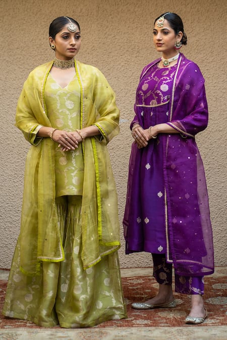 Sobariko_Purple Silk Embroidery, Mirrors Round Neck Gullista Yoke Woven Kurta Pant Set _Online_at_Aza_Fashions
