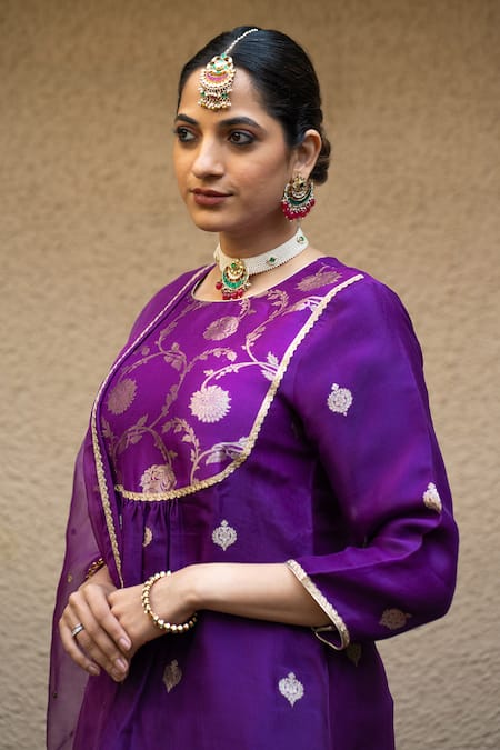 Buy_Sobariko_Purple Silk Embroidery, Mirrors Round Neck Gullista Yoke Woven Kurta Pant Set _Online_at_Aza_Fashions