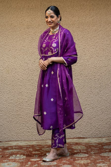 Shop_Sobariko_Purple Silk Embroidery, Mirrors Round Neck Gullista Yoke Woven Kurta Pant Set _Online_at_Aza_Fashions