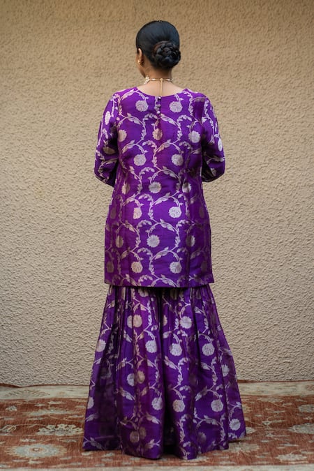 Shop_Sobariko_Purple Silk Mirrors V-neck Bahar Woven Kurta Sharara Set _at_Aza_Fashions