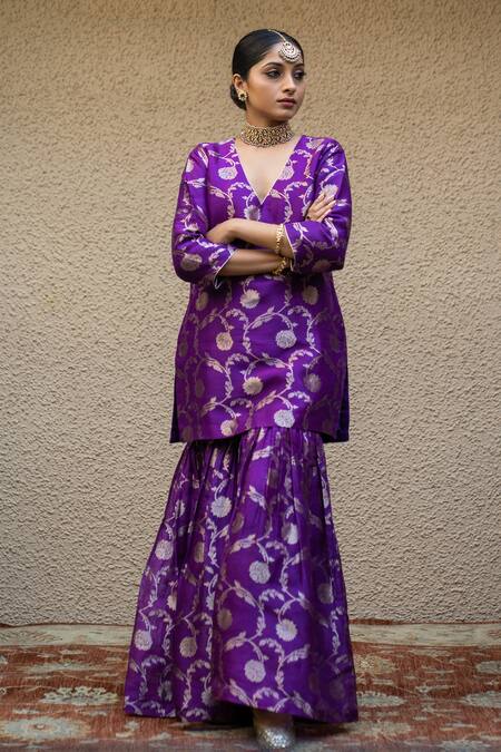 Buy_Sobariko_Purple Silk Mirrors V-neck Bahar Woven Kurta Sharara Set _Online_at_Aza_Fashions