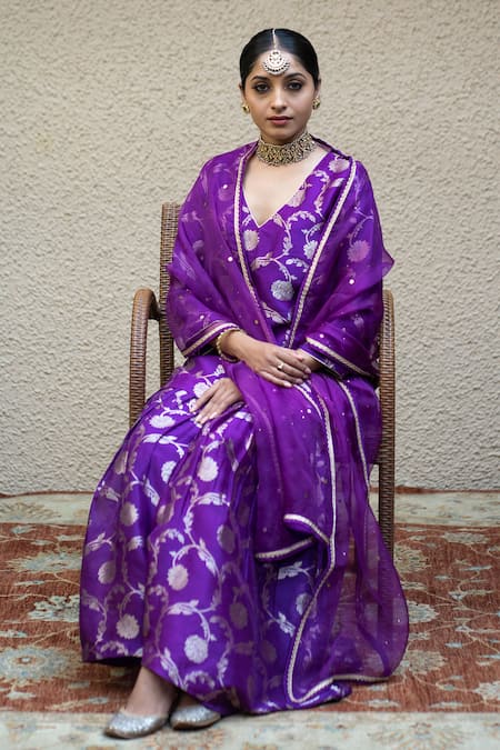 Shop_Sobariko_Purple Silk Mirrors V-neck Bahar Woven Kurta Sharara Set _Online_at_Aza_Fashions