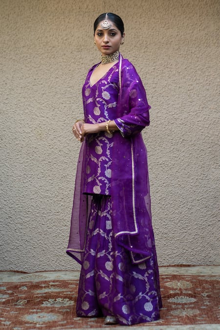 Sobariko_Purple Silk Mirrors V-neck Bahar Woven Kurta Sharara Set _at_Aza_Fashions