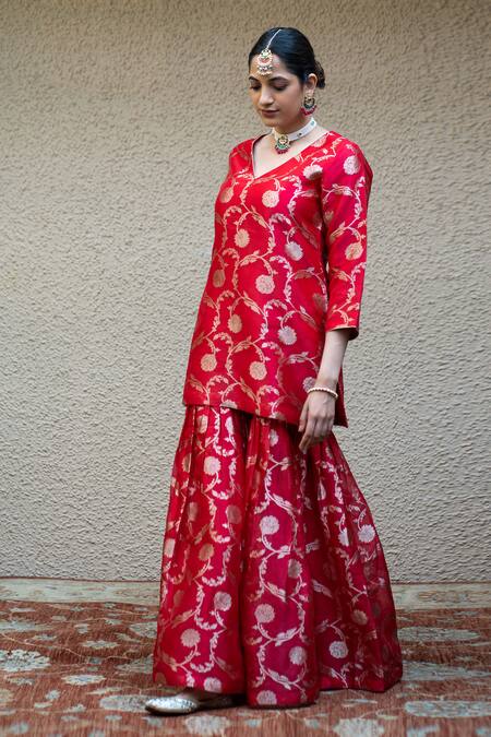 SOBARIKO Red Silk Mirrors V-neck Gulbahar Woven Kurta Sharara Set Online at Aza Fashions SOBARIKO_Red Silk Mirrors V-neck Gulbahar Woven Kurta Sharara Set _Online_at_Aza_Fashions