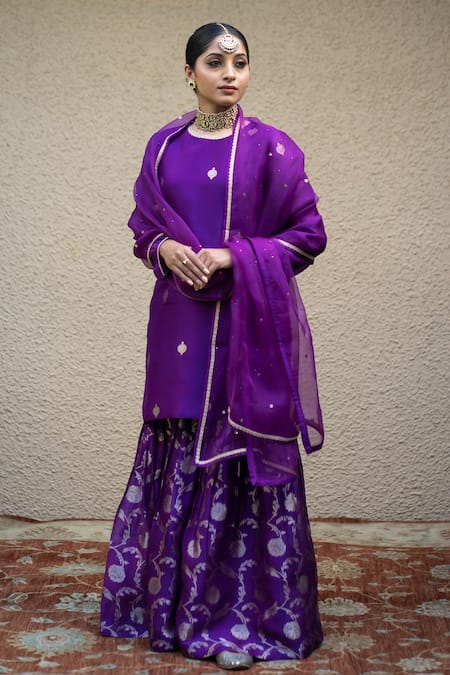 Sobariko Purple Silk Woven Chand Bloom Motif Round Neck Butti Kurta Sharara Set 