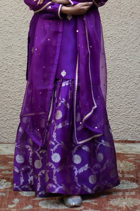 SOBARIKO_Purple Silk Mirrors Round Neck Chand Bloom Butti Woven Kurta Sharara Set _Online_at_Aza_Fashions