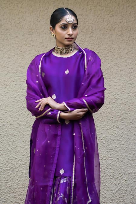 Buy_SOBARIKO_Purple Silk Mirrors Round Neck Chand Bloom Butti Woven Kurta Sharara Set _Online_at_Aza_Fashions