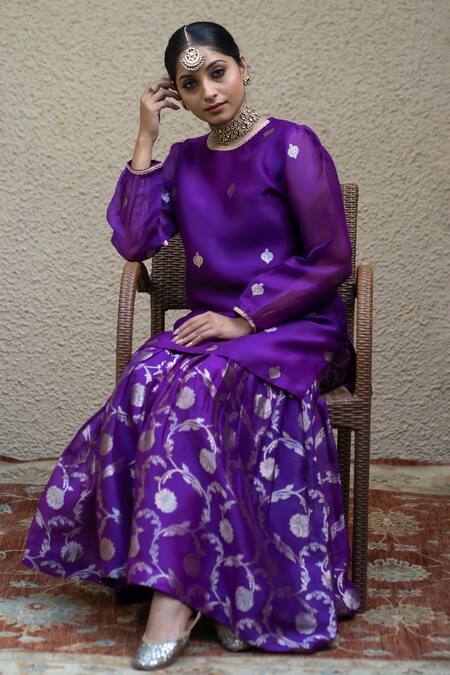 Shop_SOBARIKO_Purple Silk Mirrors Round Neck Chand Bloom Butti Woven Kurta Sharara Set _Online_at_Aza_Fashions