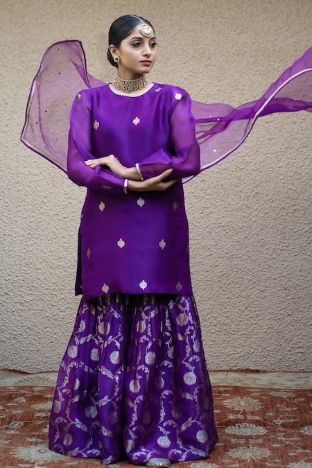 SOBARIKO_Purple Silk Mirrors Round Neck Chand Bloom Butti Woven Kurta Sharara Set _at_Aza_Fashions