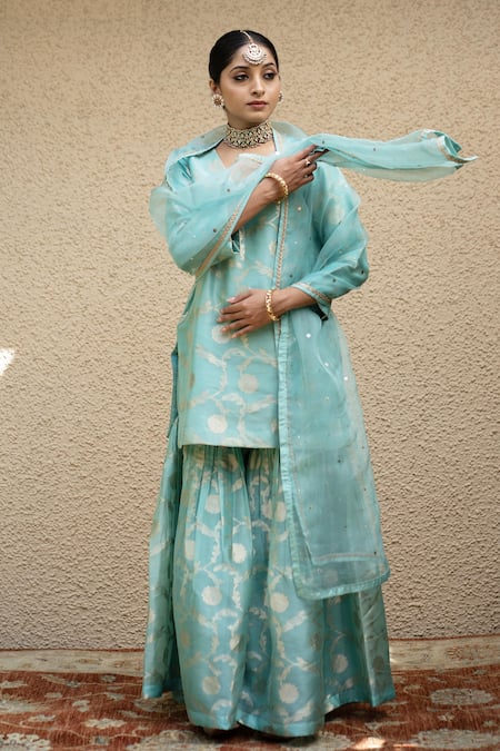 Shop_SOBARIKO_Green Silk Mirrors V-neck Mughal Bloom Woven Kurta Sharara Set _Online_at_Aza_Fashions