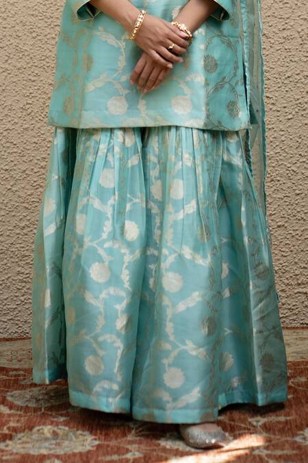 SOBARIKO_Green Silk Mirrors V-neck Mughal Bloom Woven Kurta Sharara Set _at_Aza_Fashions