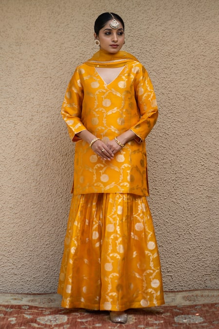 Sobariko Orange Silk Woven Noor Bahar V Neck Kurta Sharara Set 