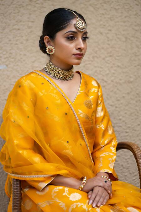 Buy SOBARIKO Orange Silk Mirrors V-neck Noor Bahar Woven Kurta Sharara Set Buy_SOBARIKO_Orange Silk Mirrors V-neck Noor Bahar Woven Kurta Sharara Set