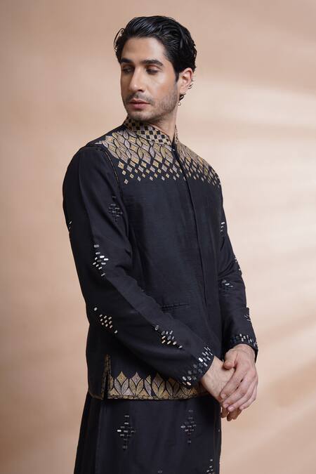 Buy_House Of Supriya_Black Raw Silk Embroidered Leaf Shoulder Front Nehru Jacket