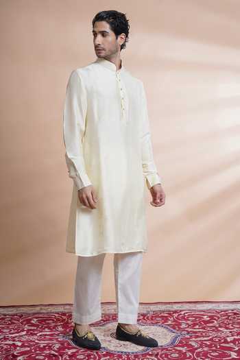 Buy_House Of Supriya_Off White Kurta Cotton Silk Solid Cuff Sleeves With Pant_Online_at_Aza_Fashions