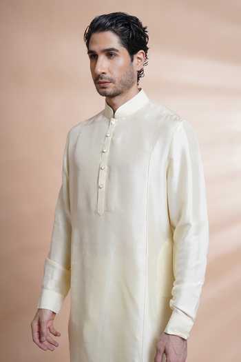 House Of Supriya_Off White Kurta Cotton Silk Solid Cuff Sleeves With Pant_at_Aza_Fashions
