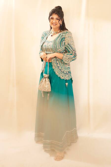 Osaa By Adarsh Green Organza Zari, Embroidery Round , Open Short Jacket Gharara Set Online at Aza Fashions Osaa By Adarsh_Green Organza Zari, Embroidery Round , Open Short Jacket Gharara Set _Online_at_Aza_Fashions