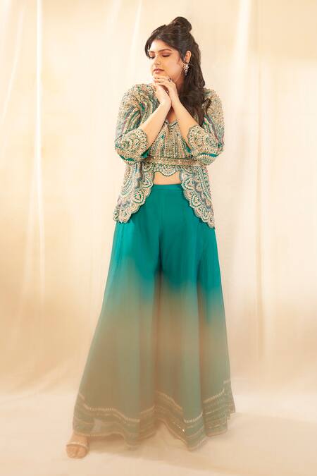 Buy Osaa By Adarsh Green Organza Zari, Embroidery Round , Open Short Jacket Gharara Set Online at Aza Fashions Buy_Osaa By Adarsh_Green Organza Zari, Embroidery Round , Open Short Jacket Gharara Set _Online_at_Aza_Fashions