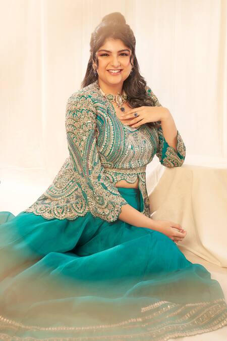 Shop Osaa By Adarsh Green Organza Zari, Embroidery Round , Open Short Jacket Gharara Set Online at Aza Fashions Shop_Osaa By Adarsh_Green Organza Zari, Embroidery Round , Open Short Jacket Gharara Set _Online_at_Aza_Fashions