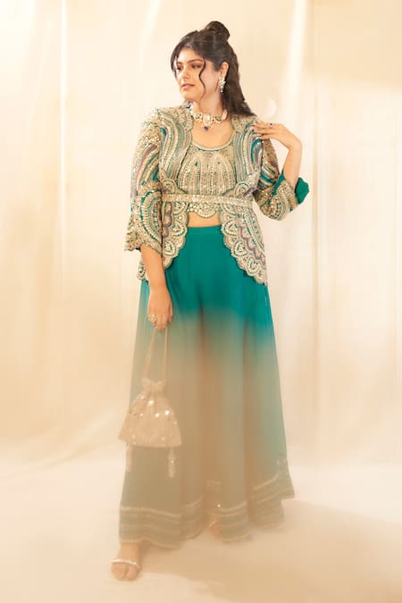 Osaa by Adarsh Green Organza Embroidered Zardosi Jacket Open Neck Short Gharara Set 