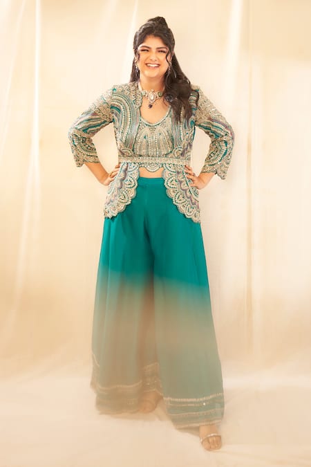 Shop Osaa By Adarsh Green Organza Zari, Embroidery Round , Open Short Jacket Gharara Set at Aza Fashions Shop_Osaa By Adarsh_Green Organza Zari, Embroidery Round , Open Short Jacket Gharara Set _at_Aza_Fashions