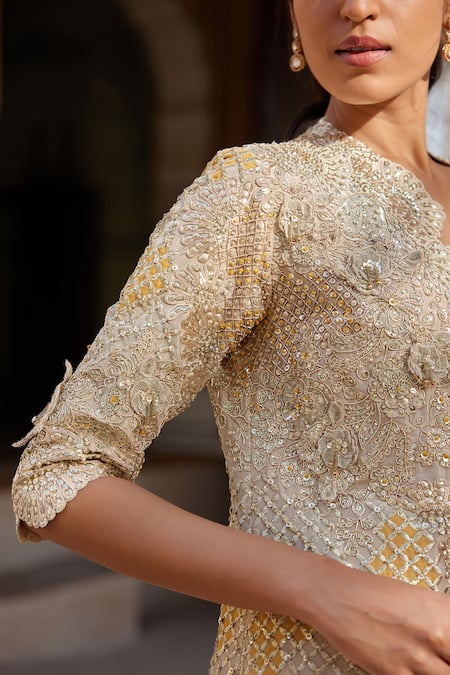 Buy Osaa By Adarsh Beige Silk, Tissue Embroidery, Beads, Zari V-, Open Jacket Lehenga Set Online at Aza Fashions Buy_Osaa By Adarsh_Beige Silk, Tissue Embroidery, Beads, Zari V-, Open Jacket Lehenga Set _Online_at_Aza_Fashions
