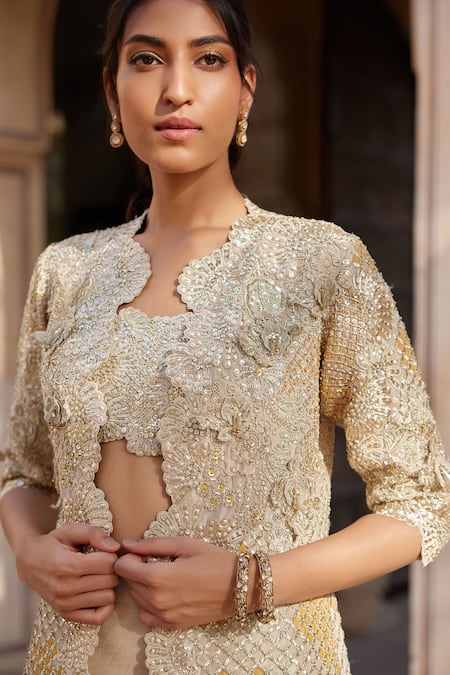 Shop Osaa By Adarsh Beige Silk, Tissue Embroidery, Beads, Zari V-, Open Jacket Lehenga Set Online at Aza Fashions Shop_Osaa By Adarsh_Beige Silk, Tissue Embroidery, Beads, Zari V-, Open Jacket Lehenga Set _Online_at_Aza_Fashions