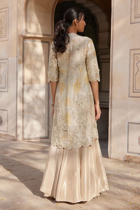 Shop Osaa By Adarsh Beige Silk, Tissue Embroidery, Beads, Zari V-, Open Jacket Lehenga Set at Aza Fashions Shop_Osaa By Adarsh_Beige Silk, Tissue Embroidery, Beads, Zari V-, Open Jacket Lehenga Set _at_Aza_Fashions