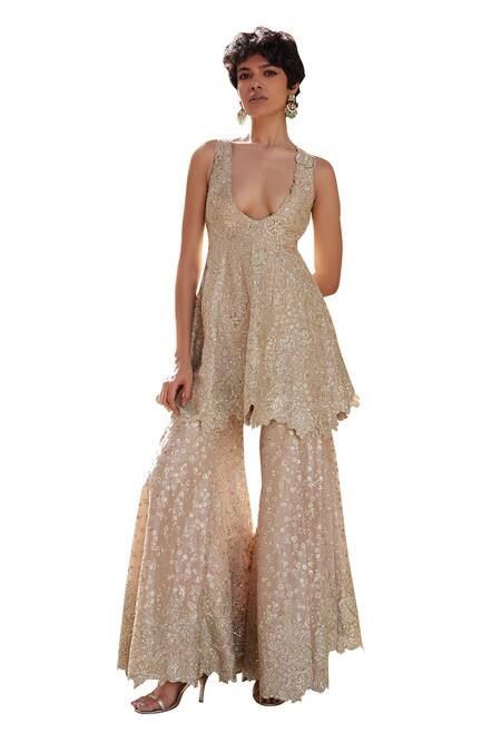 Osaa By Adarsh_Beige Tissue, Silk Embroidery, Zari Open Neck Floral Top And Flared Pant Set _Online_at_Aza_Fashions