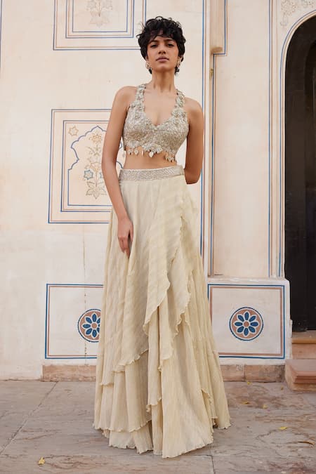 Osaa by Adarsh Beige Tissue Embroidered Zardosi Deep V Neck Crop Top And Skirt Set 