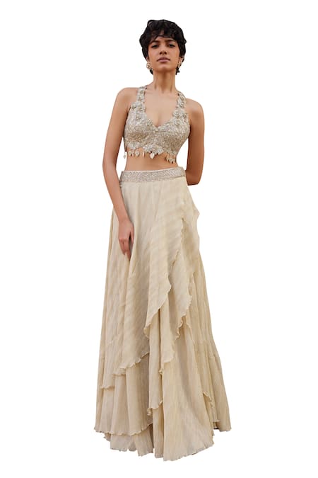 Osaa By Adarsh Beige Tissue Embroidery V-neck Crop Top And Skirt Set Online at Aza Fashions Osaa By Adarsh_Beige Tissue Embroidery V-neck Crop Top And Skirt Set _Online_at_Aza_Fashions