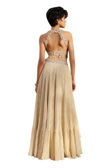 Osaa By Adarsh Beige Tissue Embroidery V-neck Crop Top And Skirt Set at Aza Fashions Osaa By Adarsh_Beige Tissue Embroidery V-neck Crop Top And Skirt Set _at_Aza_Fashions