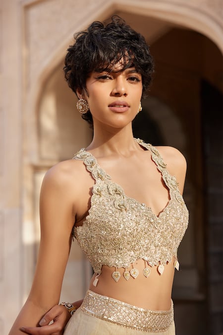 Buy Osaa By Adarsh Beige Tissue Embroidery V-neck Crop Top And Skirt Set Buy_Osaa By Adarsh_Beige Tissue Embroidery V-neck Crop Top And Skirt Set