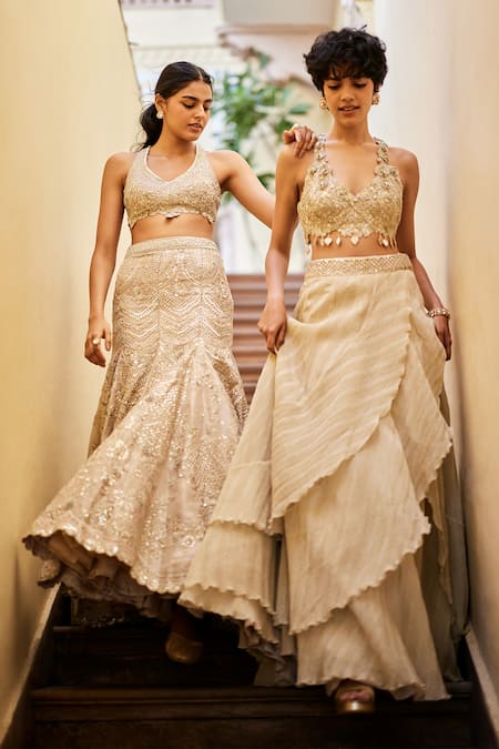 Shop Osaa By Adarsh Beige Tissue Embroidery V-neck Crop Top And Skirt Set Shop_Osaa By Adarsh_Beige Tissue Embroidery V-neck Crop Top And Skirt Set