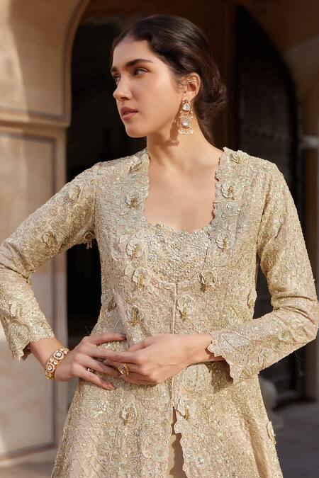 Osaa By Adarsh Beige Tissue, Silk Embroidery, Zari Sweetheart Neck, Open Jacket Lehenga Set at Aza Fashions Osaa By Adarsh_Beige Tissue, Silk Embroidery, Zari Sweetheart Neck, Open Jacket Lehenga Set _at_Aza_Fashions