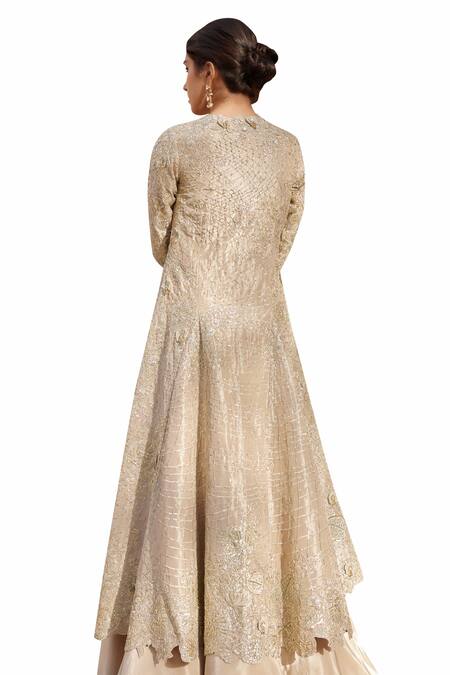 Buy Osaa By Adarsh Beige Tissue, Silk Embroidery, Zari Sweetheart Neck, Open Jacket Lehenga Set Buy_Osaa By Adarsh_Beige Tissue, Silk Embroidery, Zari Sweetheart Neck, Open Jacket Lehenga Set